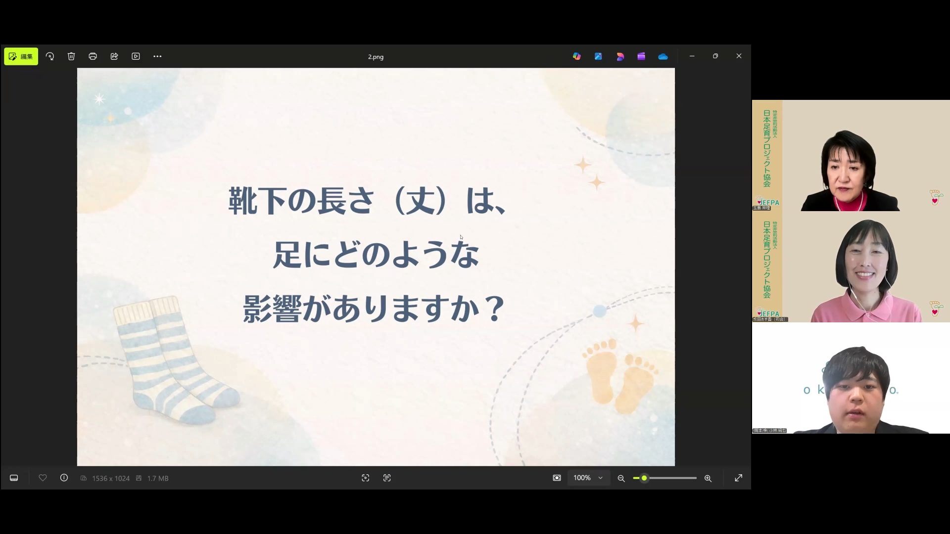 フットの日2026オンラインイベントの質疑応答場面。
「靴下の長さ(丈)は、足にどのような影響がありますか?」という質問スライドを背景に、講師2人と司会が画面に並んでいる様子(2026年2月8日)